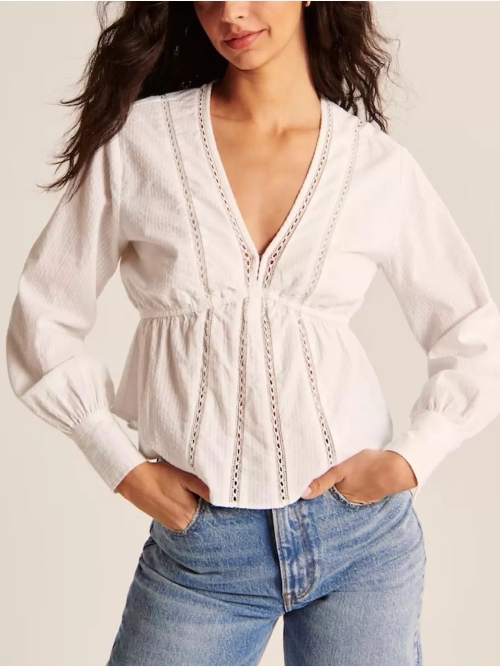 Abercrombie & Fitch White Lace Trim Peplum Blouse Long Sleeve Size S